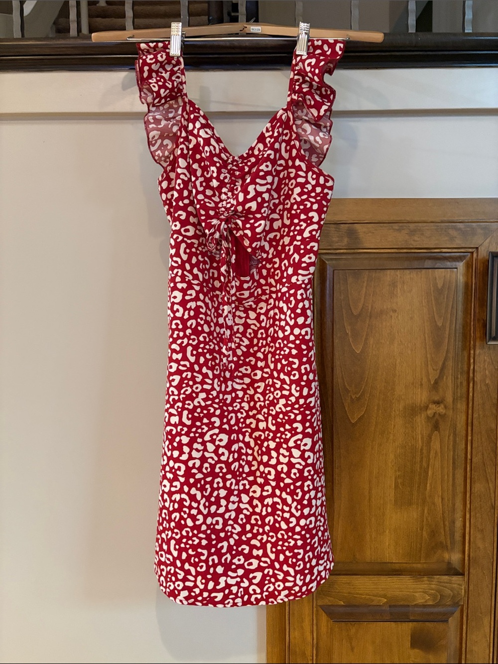 SHEIN Red & White Leopard Print Ruffle Tie-Front Mini Dress